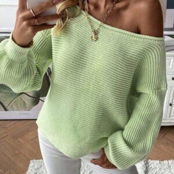 Mint Green Casual Women's Solid Drop Shoulder Asymmetrical Neck Sweater - Picture 7 of 7